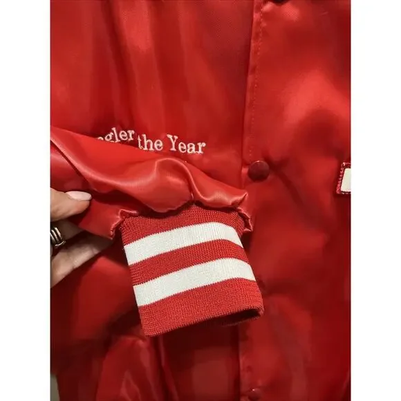 Vintage 1980s BASS MASTERS Red Satin Bomber Jacket w/PatchS & Logo